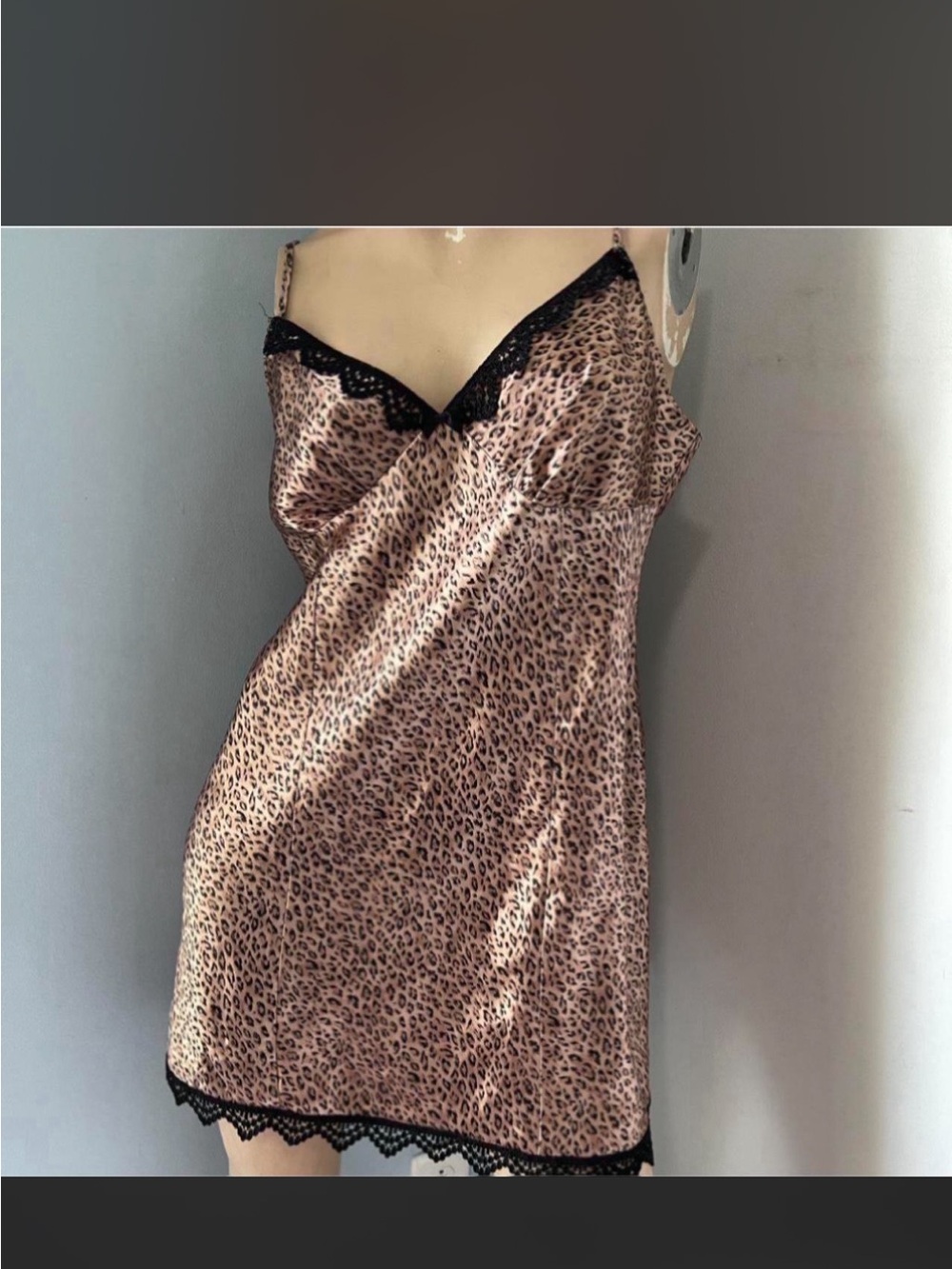 Leopard Satin Slip Dress with Lace Trim